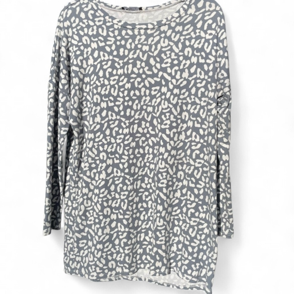 BOMBOM Gray White Leopard Long Sleeve Soft Oversized Tunic Top Women's M/L